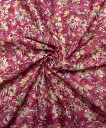 Lilac Color Floral Digital Print Cotton ChikanKari Embroidery Fabric